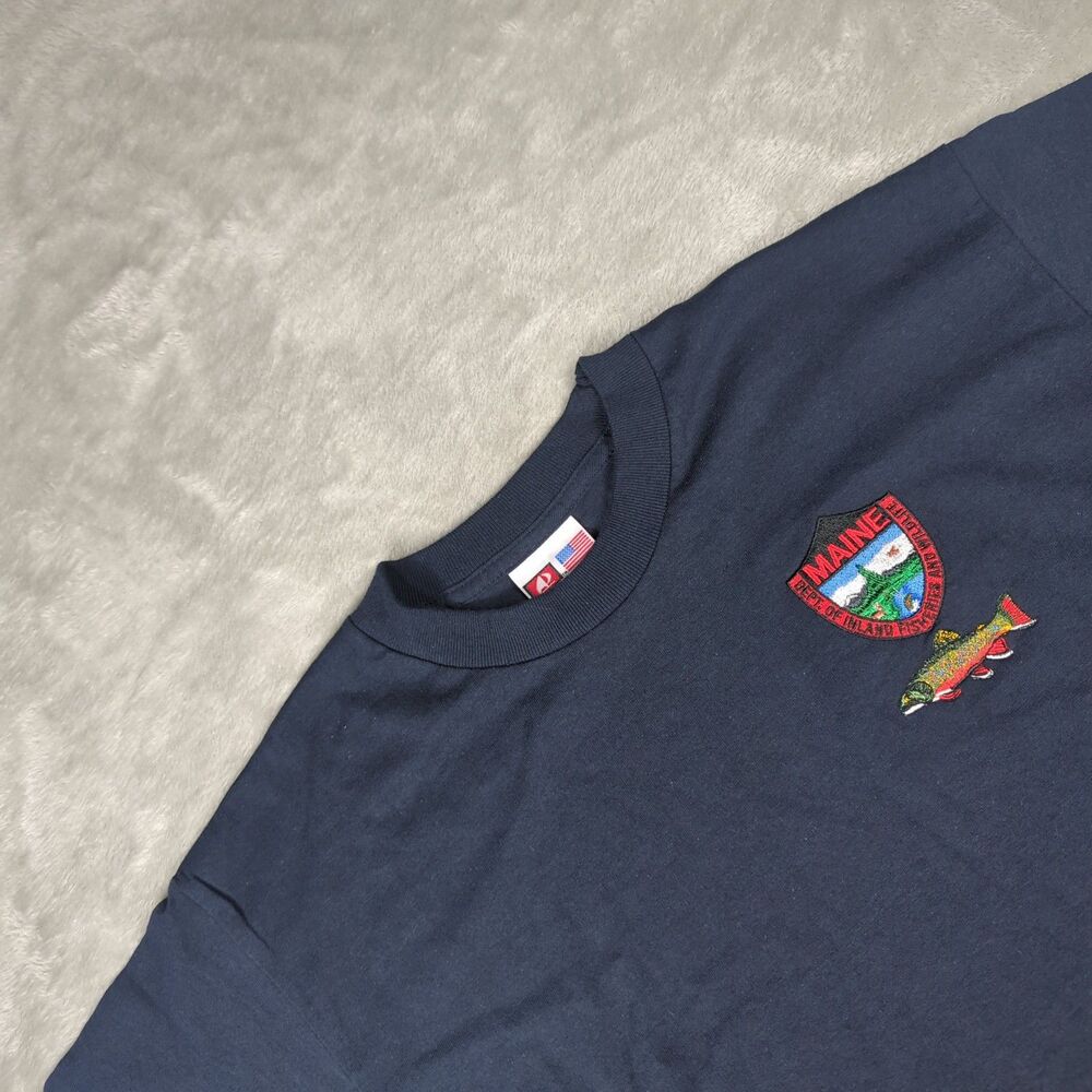 Bayside Maine Dept Wildlife Trout Embroidered T-Shirt Made in USA Medium